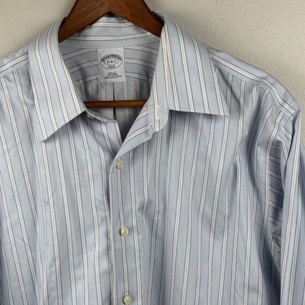 Brooks Brothers Men 17-6/7 Light Blue Striped Dress Shirt Slim Supima Cotton